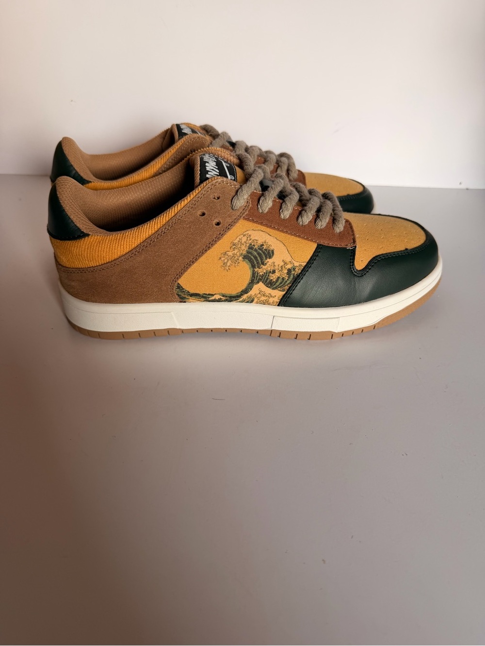 Canvas & Suede Low-Top Sneakers in Mustard and Brown with Wave Graphic
